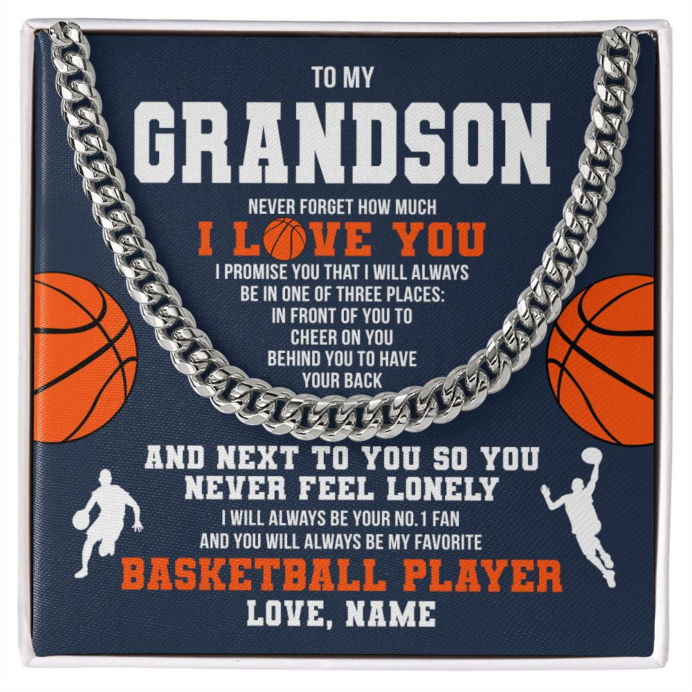 Cuban Link Chain Necklace | Personalized To My Grandson Necklace From Grandma Papa Never Forget I Love You Basketball Grandson Birthday Christmas Customized Gift Box Message Card | siriusteestore