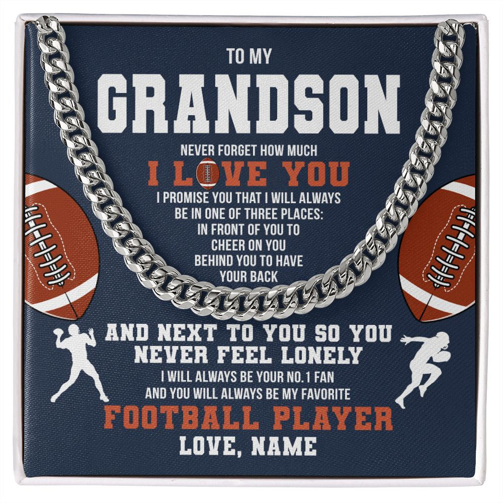 Cuban Link Chain Necklace | Personalized To My Grandson Necklace From Grandma Papa Never Forget I Love You Football Grandson Birthday Christmas Customized Gift Box Message Card | siriusteestore
