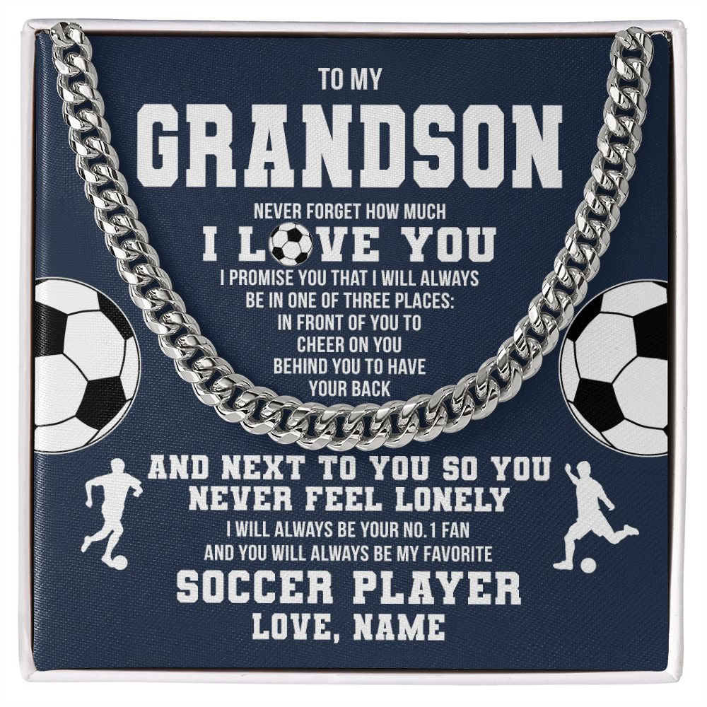 Cuban Link Chain Necklace | Personalized To My Grandson Necklace From Grandma Papa Never Forget I Love You Soccer Grandson Birthday Christmas Customized Gift Box Message Card | siriusteestore
