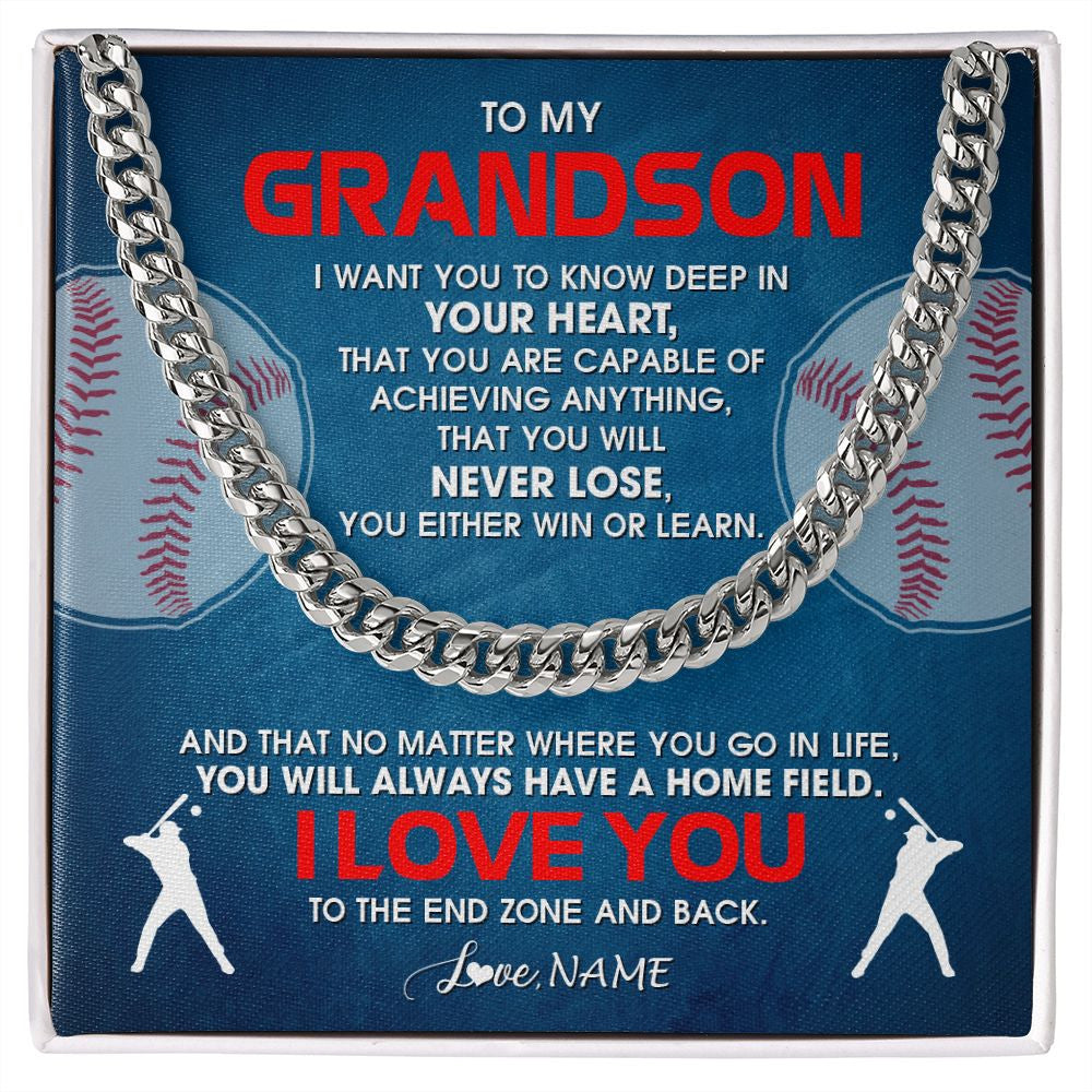 Cuban Link Chain Necklace | Personalized To My Grandson Necklace From Grandma Papa Never Lose Baseball Grandson Birthday Graduation Christmas Customized Gift Box Message Card | siriusteestore