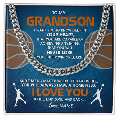 Cuban Link Chain Necklace | Personalized To My Grandson Necklace From Grandma Papa Never Lose Basketball Grandson Birthday Graduation Christmas Customized Gift Box Message Card | siriusteestore