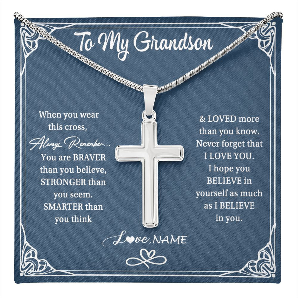 Stainless Cross Necklace | Personalized To My Grandson Necklace From Grandma Papa When Your Wear This Always Remember Grandson Birthday Christmas Customized Gift Box Message Card | siriusteestore