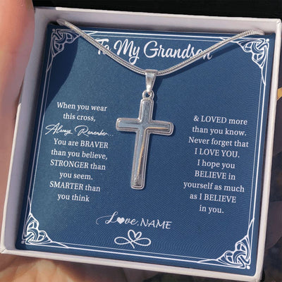 Stainless Cross Necklace | Personalized To My Grandson Necklace From Grandma Papa When Your Wear This Always Remember Grandson Birthday Christmas Customized Gift Box Message Card | siriusteestore
