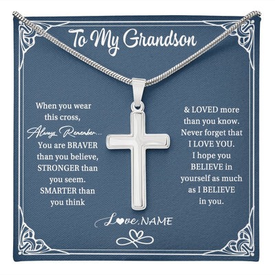 Stainless Cross Necklace | Personalized To My Grandson Necklace From Grandma Papa When Your Wear This Always Remember Grandson Birthday Christmas Customized Gift Box Message Card | siriusteestore