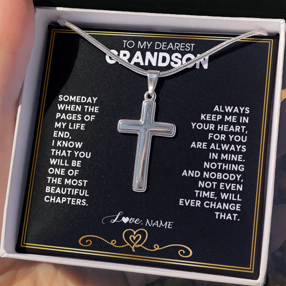 Stainless Cross Necklace | Personalized To My Grandson Necklace From Grandmother Papa When The Pages Of My Life End Grandson Birthday Christmas Customized Gift Box Message Card | siriusteestore