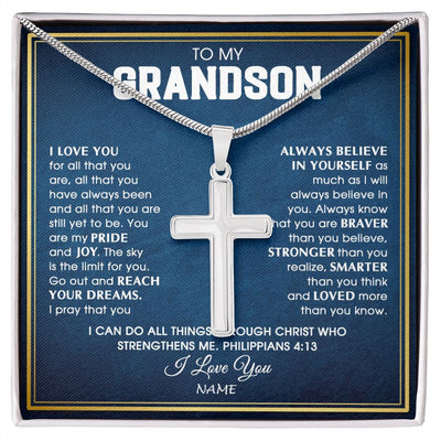 Stainless Cross Necklace | Personalized To My Grandson Necklace from Grandma Papa I Love You For All That You Are Grandson Birthday Graduation Christmas Customized Gift Box Message Card | siriusteestore
