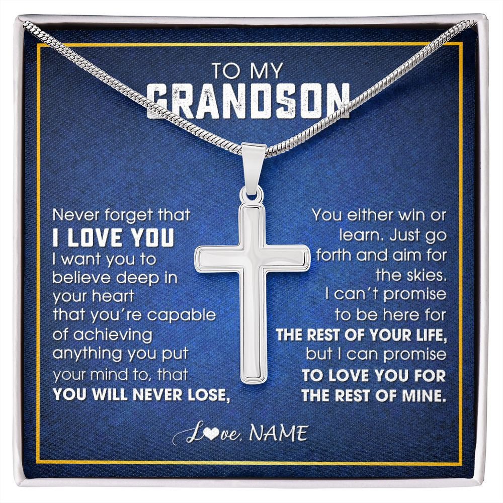 Stainless Cross Necklace | Personalized To My Grandson Necklace from Grandma Papa Never Forget That I Love You Grandson Birthday Graduation Christmas Customized Gift Box Message Card | siriusteestore