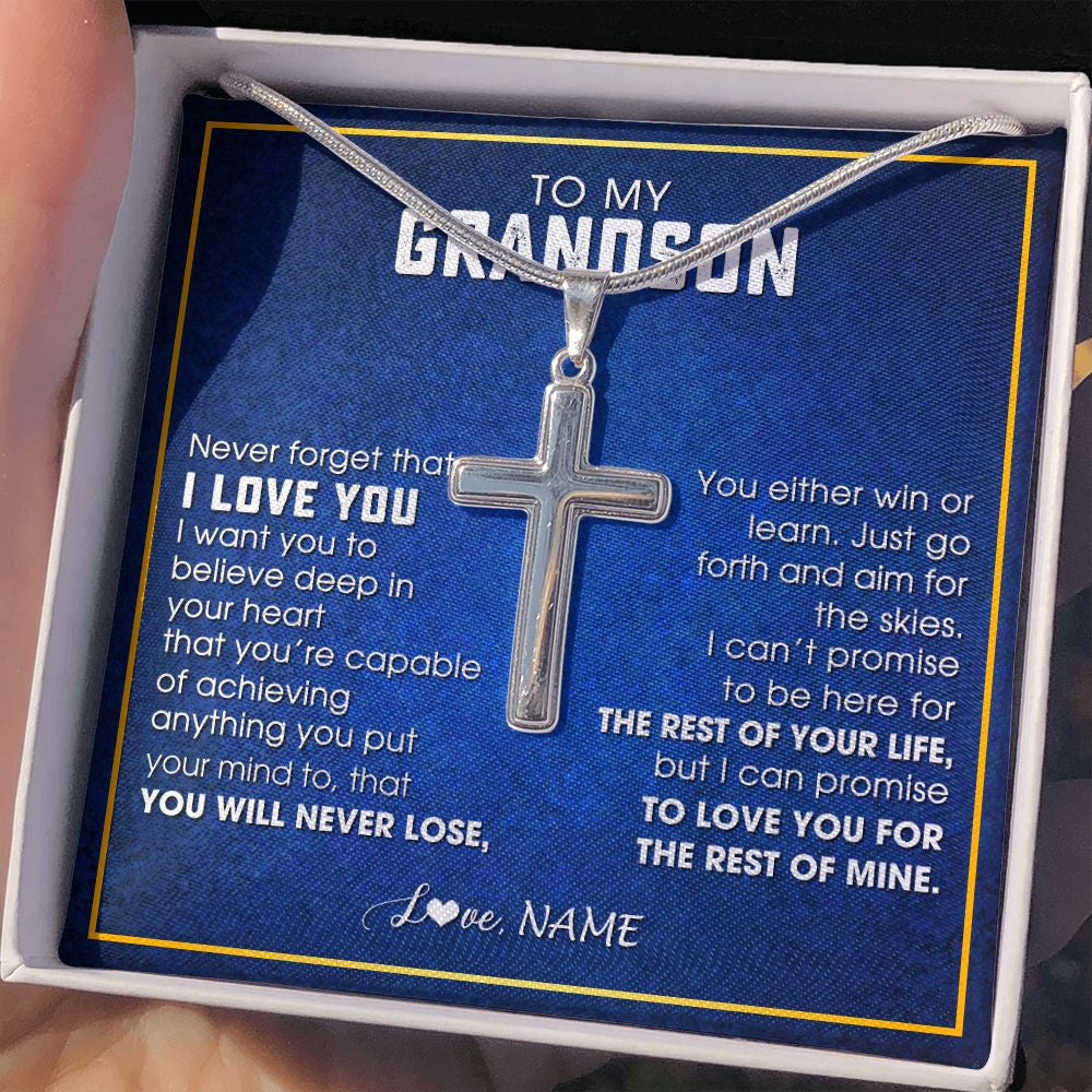 Stainless Cross Necklace | Personalized To My Grandson Necklace from Grandma Papa Never Forget That I Love You Grandson Birthday Graduation Christmas Customized Gift Box Message Card | siriusteestore