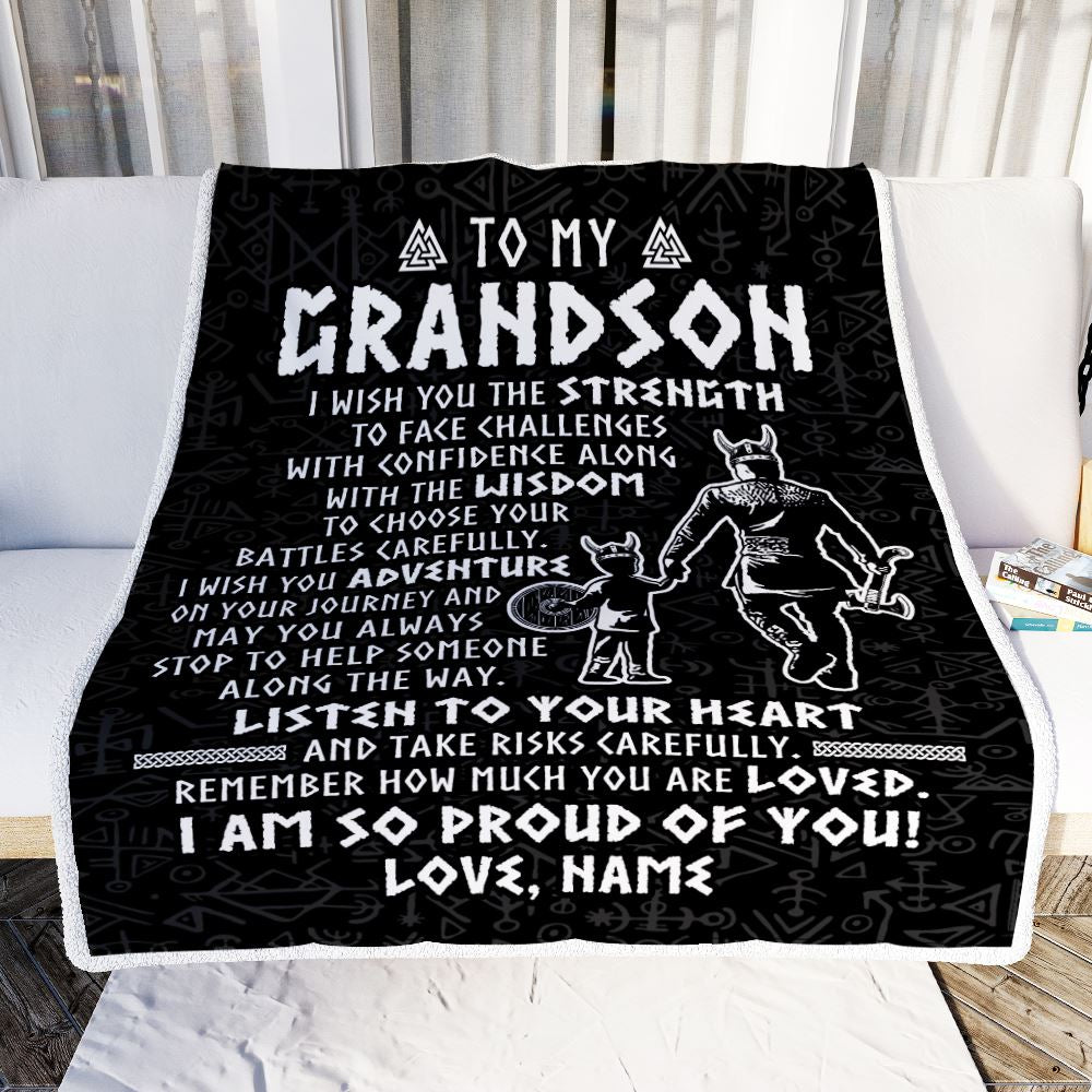 Personalized To My Grandson Viking Blanket From Papa Grandpa I Am So Proud Of You Runes Viking Grandson Birthday Christmas Customized Bed Fleece Blanket | siriusteestore