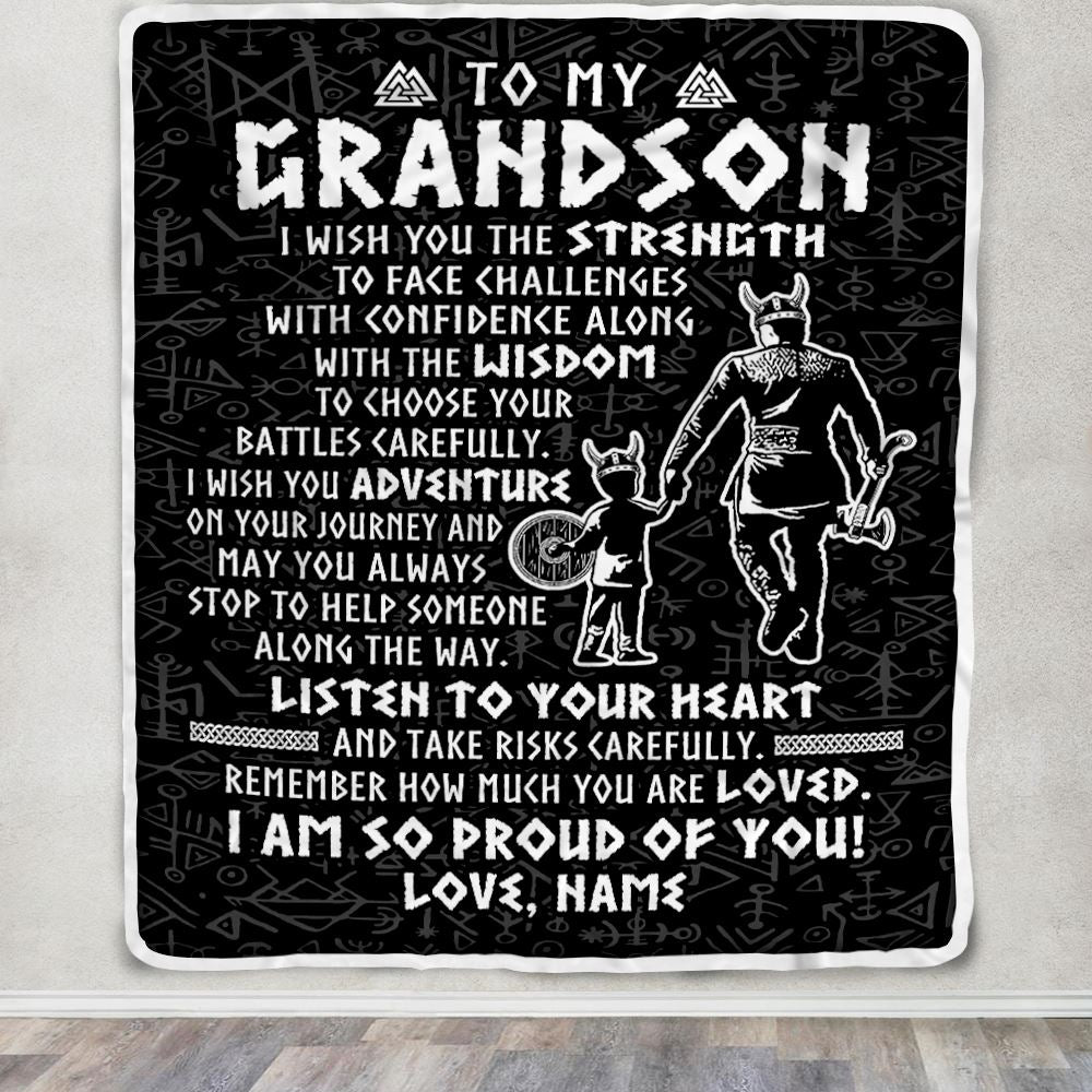 Personalized To My Grandson Viking Blanket From Papa Grandpa I Am So Proud Of You Runes Viking Grandson Birthday Christmas Customized Bed Fleece Blanket | siriusteestore