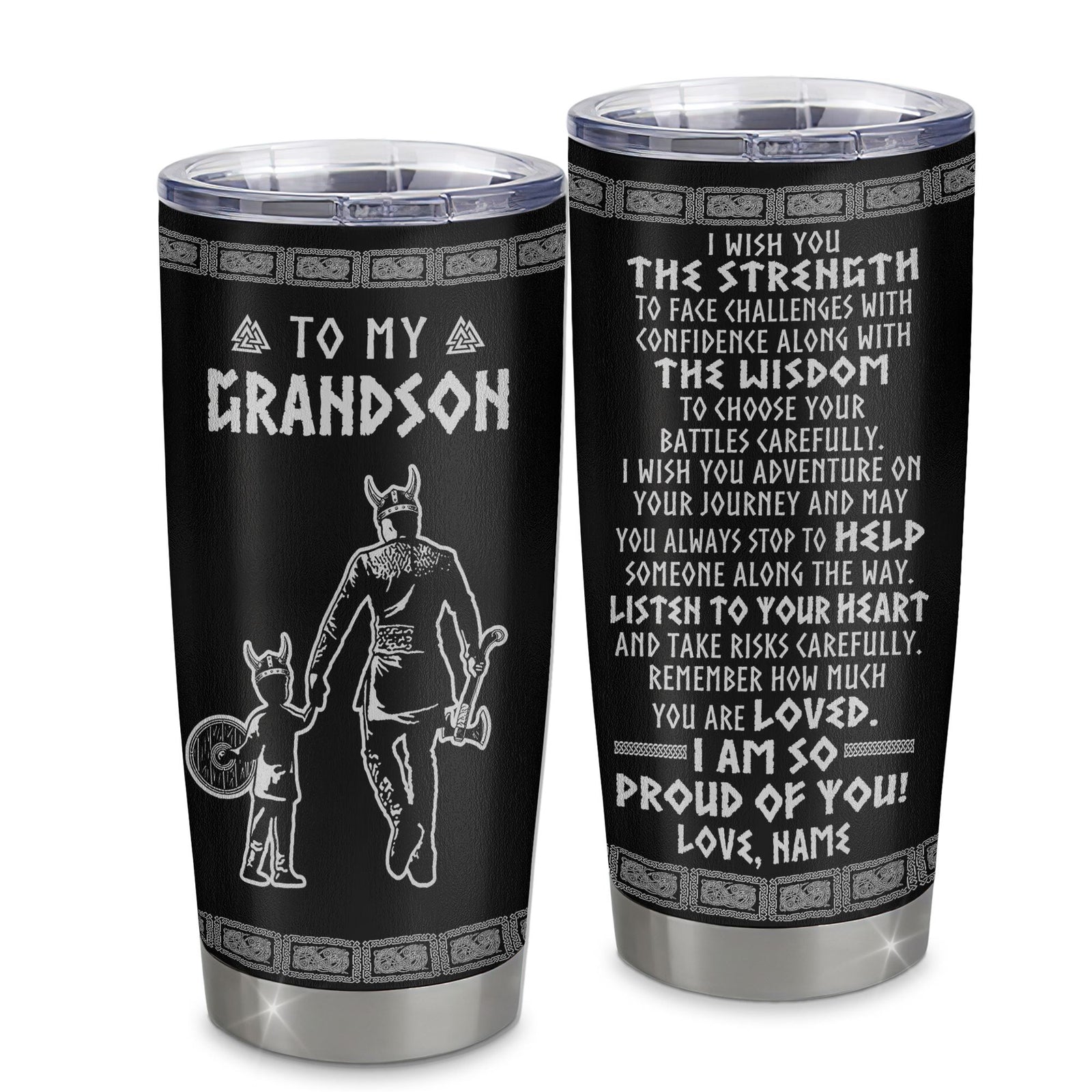 Personalized To My Grandson Viking Tumbler From Papa Grandpa Stainless Steel Cup I Am So Proud Of You Runes Viking Grandson Birthday Christmas Travel Mug | siriusteestore