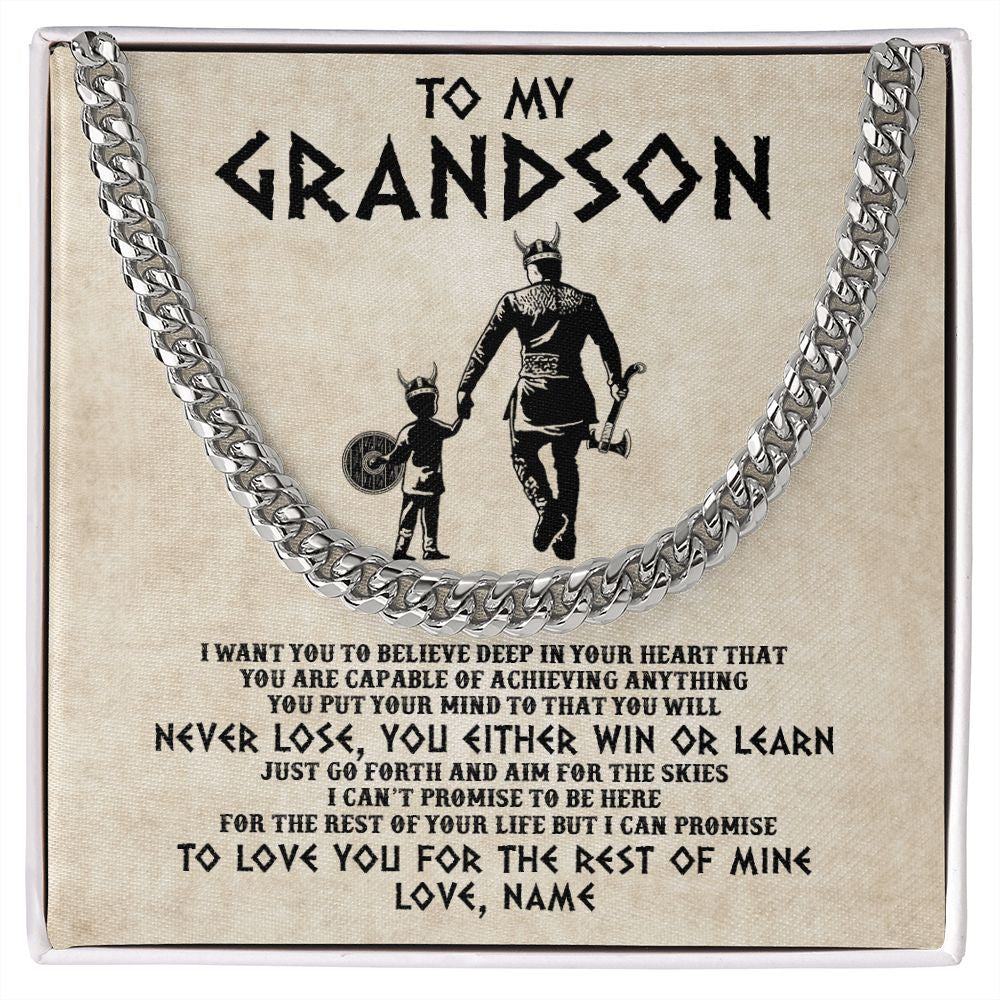 Cuban Link Chain Necklace | Personalized To My Granson Necklace From Grandpa Papa You Will Never Lose Viking Granson Birthday Graduation Christmas Customized Gift Box Message Card | siriusteestore