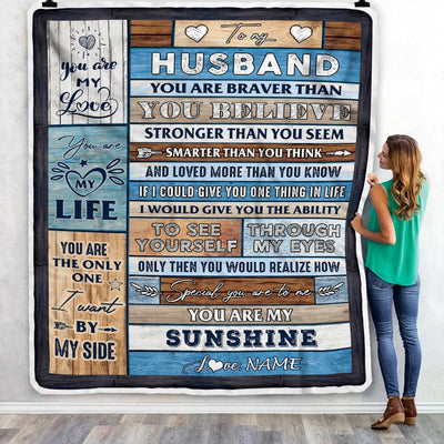 Personalized To My Husband Blanket From Wife Wood You Are My Sunshine I Love You Husband Anniversary Valentines Day Wedding Christmas Fleece Throw Blanket | siriusteestore