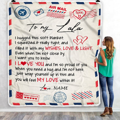 Personalized To My Lala Blanket From Grandkids Grandson Air Mail Letter I Love You Lala Birthday Mothers Day Christmas Customized Fleece Throw Blanket | siriusteestore