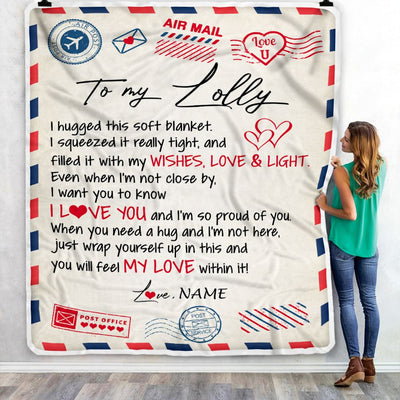 Personalized To My Lolly Blanket From Grandkids Grandson Air Mail Letter I Love You Lolly Birthday Mothers Day Christmas Customized Fleece Throw Blanket | siriusteestore