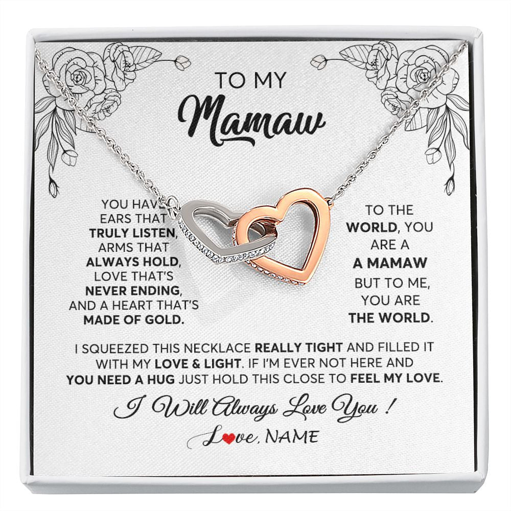Interlocking Hearts Necklace | Personalized To My Mamaw Necklace From Grandkids Granddaughter Hold This Close Feel My Love Mamaw Birthday Mothers Day Jewelry Customized Gift Box Message Card | siriusteestore