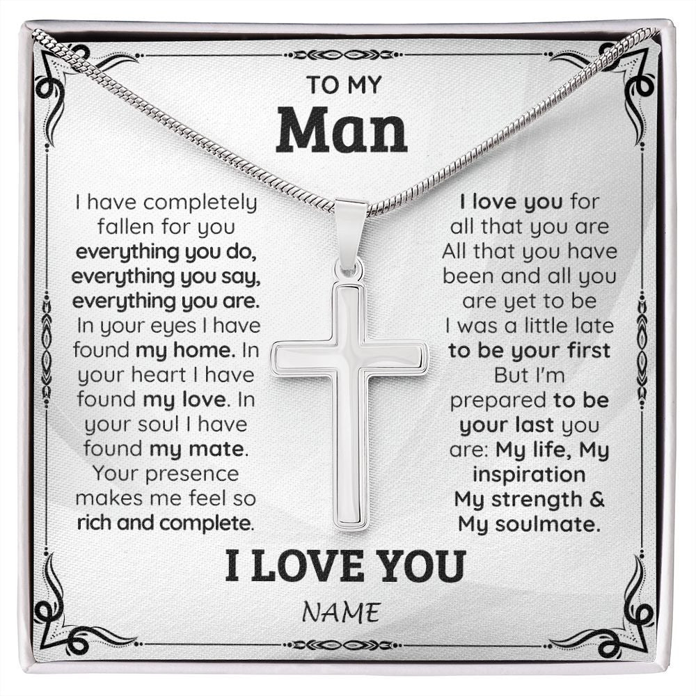 Stainless Cross Necklace | Personalized To My Man Necklace From Wife I Love You for Boyfriend Husband Groom Wedding Day Anniversary Valentines Christmas Customized Gift Box Message Card | siriusteestore
