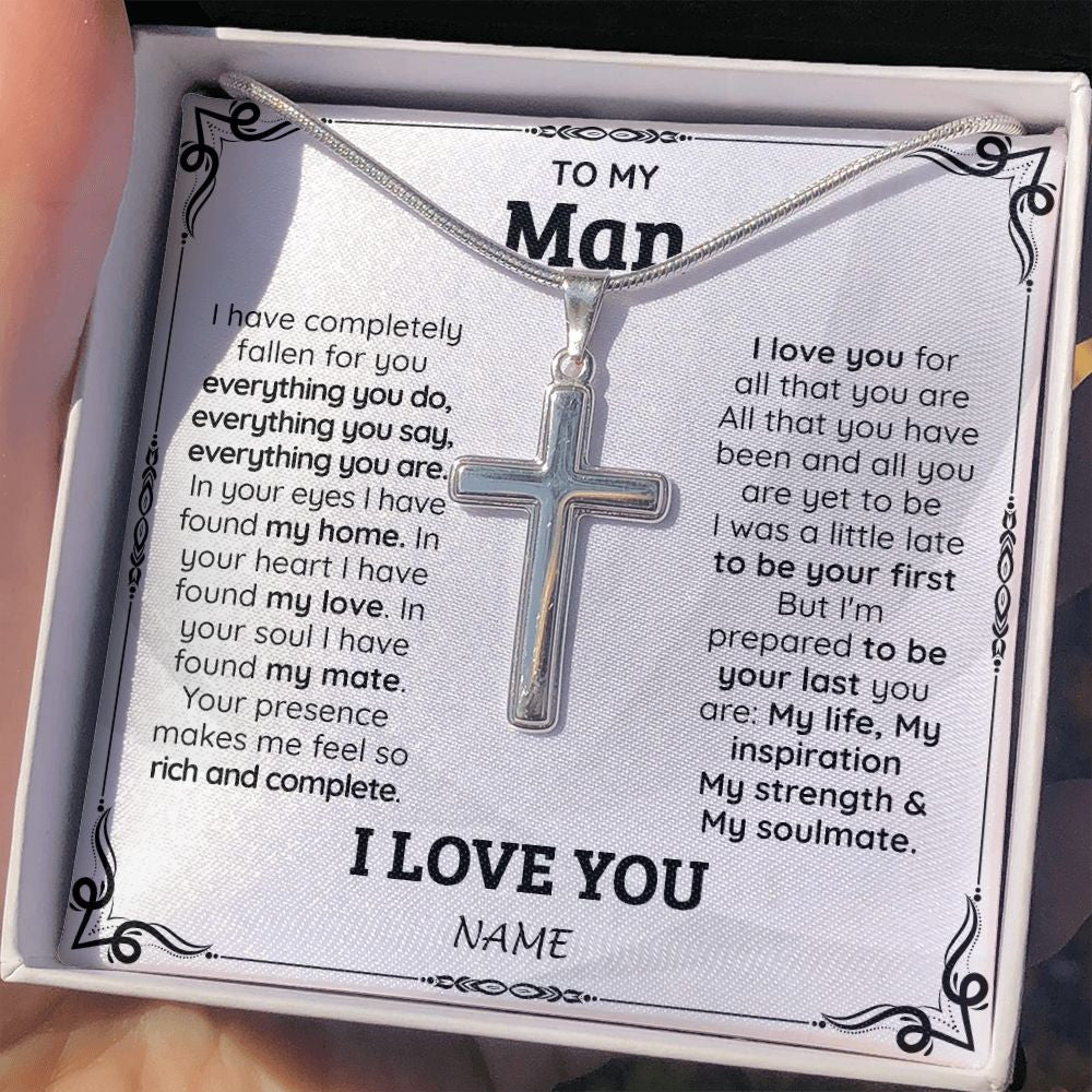 Stainless Cross Necklace | Personalized To My Man Necklace From Wife I Love You for Boyfriend Husband Groom Wedding Day Anniversary Valentines Christmas Customized Gift Box Message Card | siriusteestore
