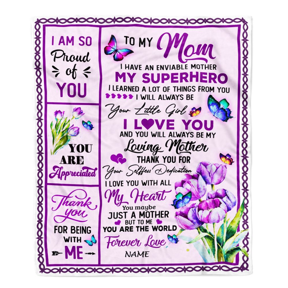 Personalized To My Mom Blanket From Daughter Floral Butterfly Thank You  Loving Mother Birthday Mothers Day Christmas Customized Bed Fleece Throw