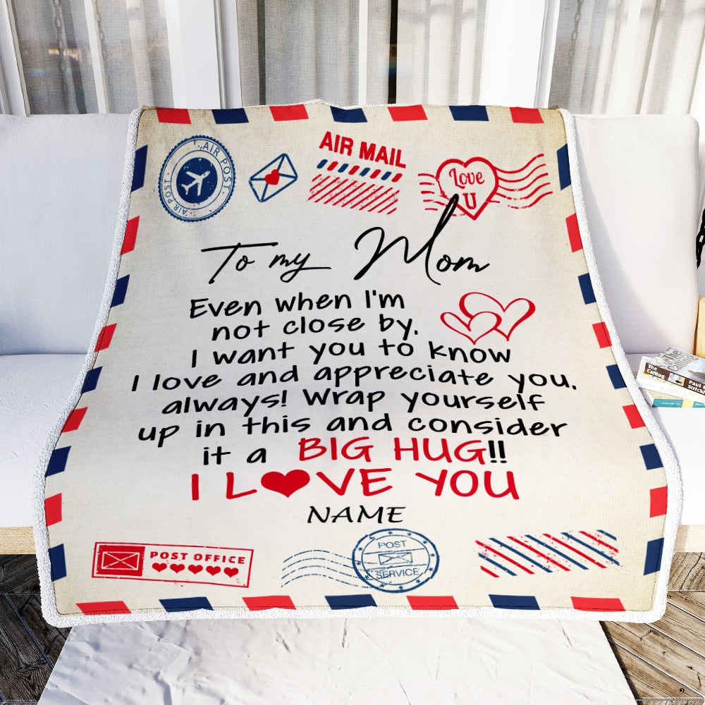 Personalized To My Mom Blanket From Daughter Son I Love You Hugs Air Mail Letter Birthday Mothers Day Christmas Thanksgiving Customized Fleece Blanket | siriusteestore