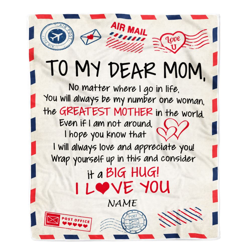 Personalized To My Mom Blanket From Daughter Son Letter Air Mail Best Mom Hug Birthday Mothers Day Thanksgiving Christmas Customized Fleece Throw Blanket | siriusteestore