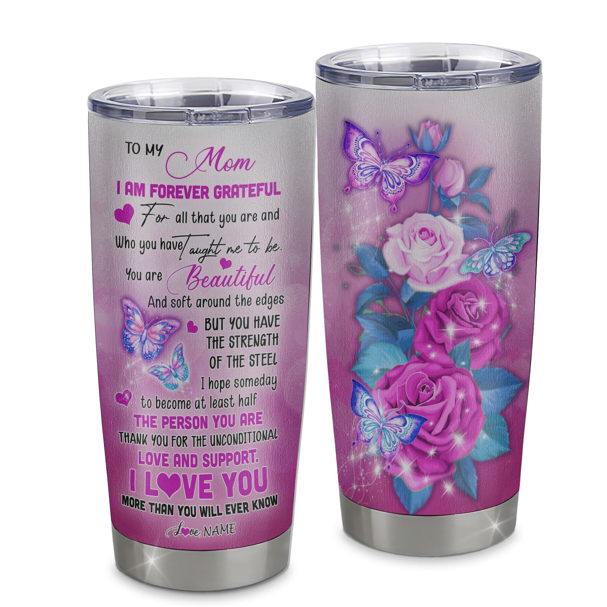 Personalized To My Mom From Daughter Son Stainless Steel Tumbler Cup Butterfly I Am Forever GrateFul Bonus Mom Mothers Day Birthday Christmas Travel Mug | siriusteestore