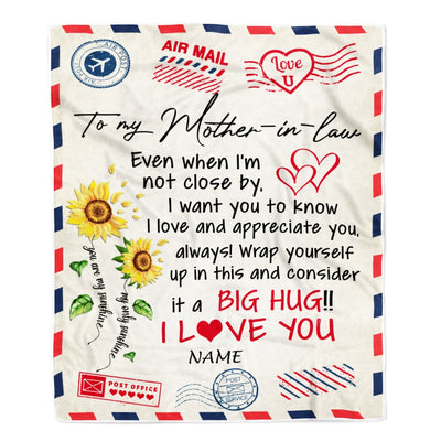 Personalized To My Mother In Law Blanket Love Big Hug Air Mail Letter Sunflower Mother In Law Birthday Mothers Daythanksgiving Christmas Fleece Throw Blanket | siriusteestore