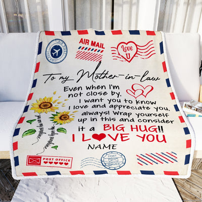 Personalized To My Mother In Law Blanket Love Big Hug Air Mail Letter Sunflower Mother In Law Birthday Mothers Daythanksgiving Christmas Fleece Throw Blanket | siriusteestore