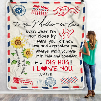 Personalized To My Mother In Law Blanket Love Big Hug Air Mail Letter Sunflower Mother In Law Birthday Mothers Daythanksgiving Christmas Fleece Throw Blanket | siriusteestore