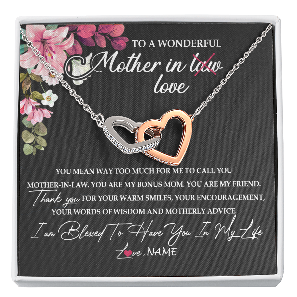Interlocking Hearts Necklace | Personalized To My Mother In Law Necklace From Daughter In Law You Are My Bonus Mom Jewelry Birthday Mothers Day Christmas Customized Gift Box Message Card | siriusteestore