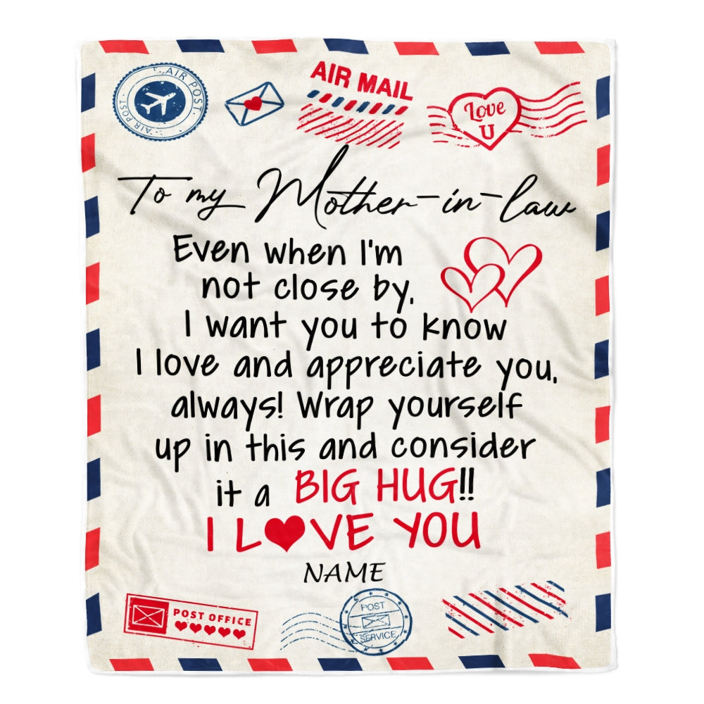 Personalized To My Mother in law Blanket From Son Daughter in law I Love You Hugs Air Mail Letter Birthday Thanksgiving Christmas Customized Fleece Blanket | siriusteestore