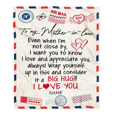 Personalized To My Mother in law Blanket From Son Daughter in law I Love You Hugs Air Mail Letter Birthday Thanksgiving Christmas Customized Fleece Blanket | siriusteestore