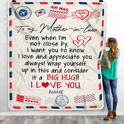 Personalized To My Mother in law Blanket From Son Daughter in law I Love You Hugs Air Mail Letter Birthday Thanksgiving Christmas Customized Fleece Blanket | siriusteestore