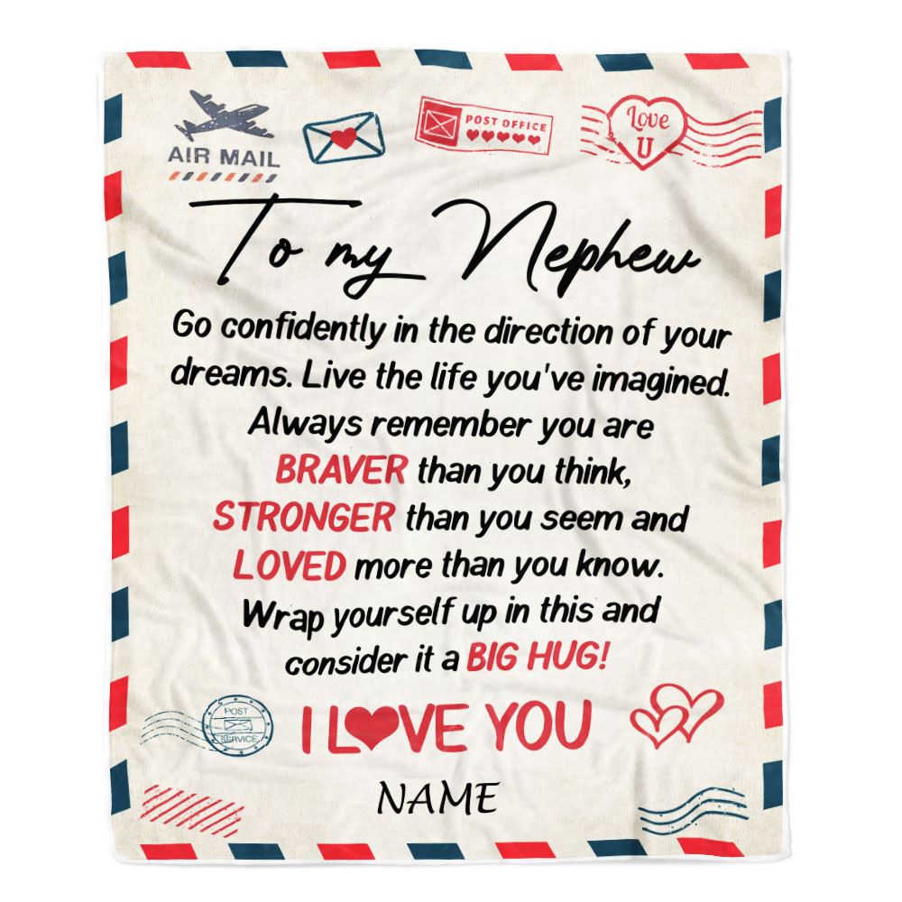 Personalized To My Nephew Blanket From Aunt Uncle Air Mail Letter Confidently I Love You Nephew Birthday Graduation Christmas Customized Fleece Throw Blanket | siriusteestore