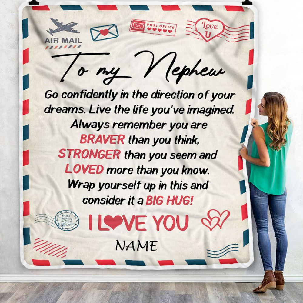 Personalized To My Nephew Blanket From Aunt Uncle Air Mail Letter Confidently I Love You Nephew Birthday Graduation Christmas Customized Fleece Throw Blanket | siriusteestore