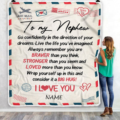Personalized To My Nephew Blanket From Aunt Uncle Air Mail Letter Confidently I Love You Nephew Birthday Graduation Christmas Customized Fleece Throw Blanket | siriusteestore