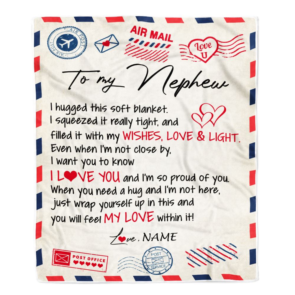 Personalized To My Nephew Blanket From Aunt Uncle Auntie Air Mail Letter I Love You Nephew Birthday Christmas Customized Fleece Throw Blanket | siriusteestore