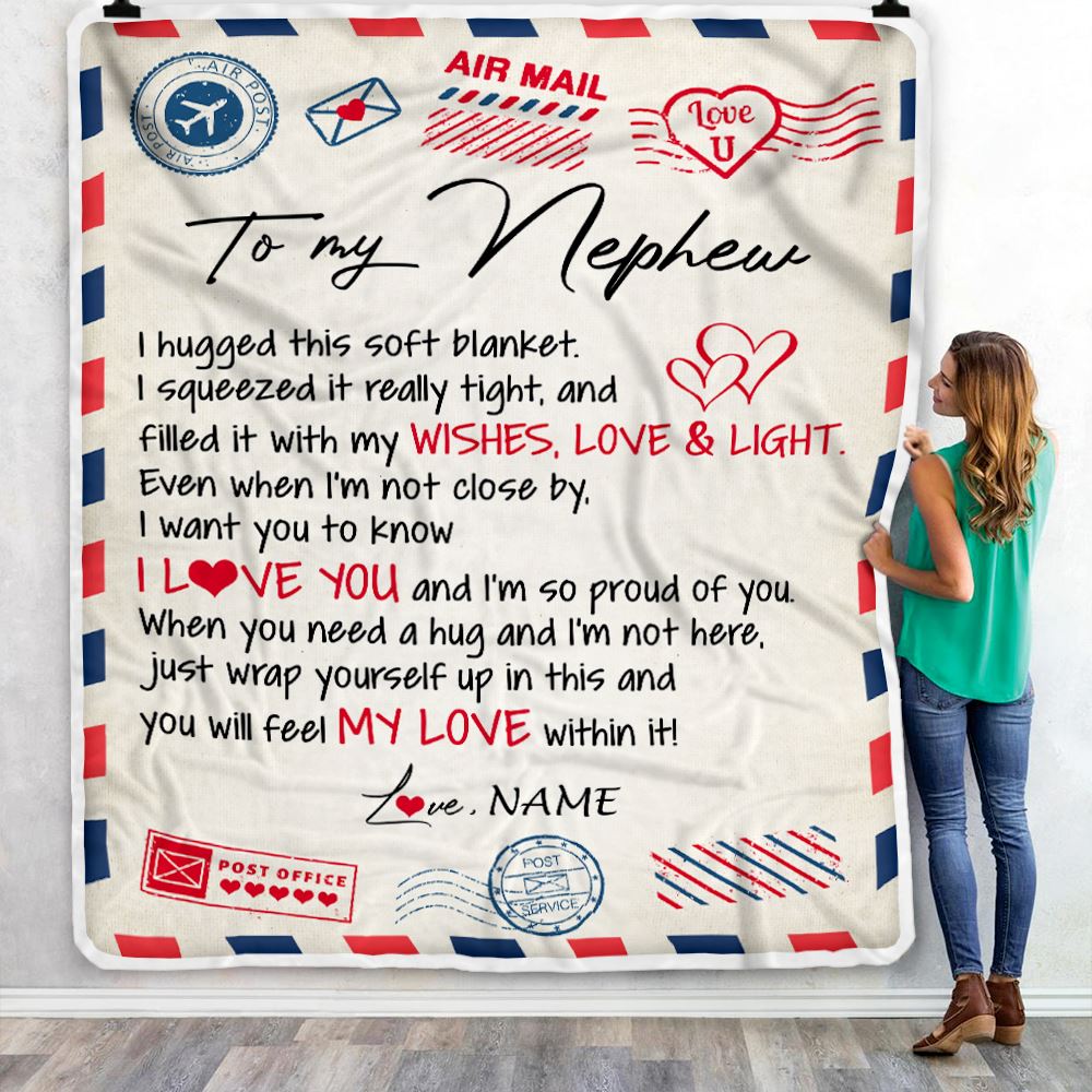 Personalized To My Nephew Blanket From Aunt Uncle Auntie Air Mail Letter I Love You Nephew Birthday Christmas Customized Fleece Throw Blanket | siriusteestore