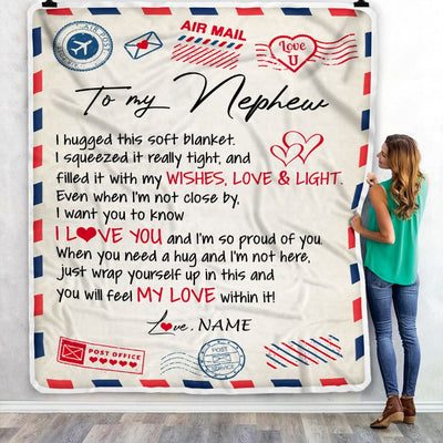 Personalized To My Nephew Blanket From Aunt Uncle Auntie Air Mail Letter I Love You Nephew Birthday Christmas Customized Fleece Throw Blanket | siriusteestore