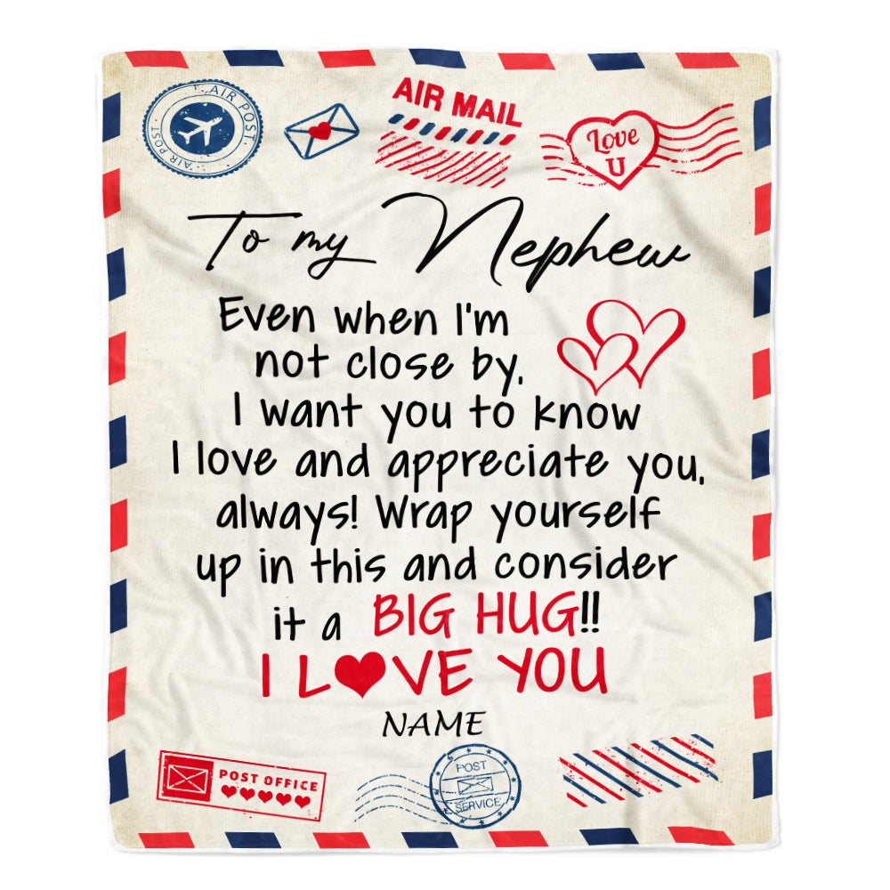 Personalized To My Nephew Blanket From Aunt Uncle Auntie I Love You Hugs Air Mail Letter Birthday Christmas Thanksgiving Graduation Customized Fleece Blanket | siriusteestore