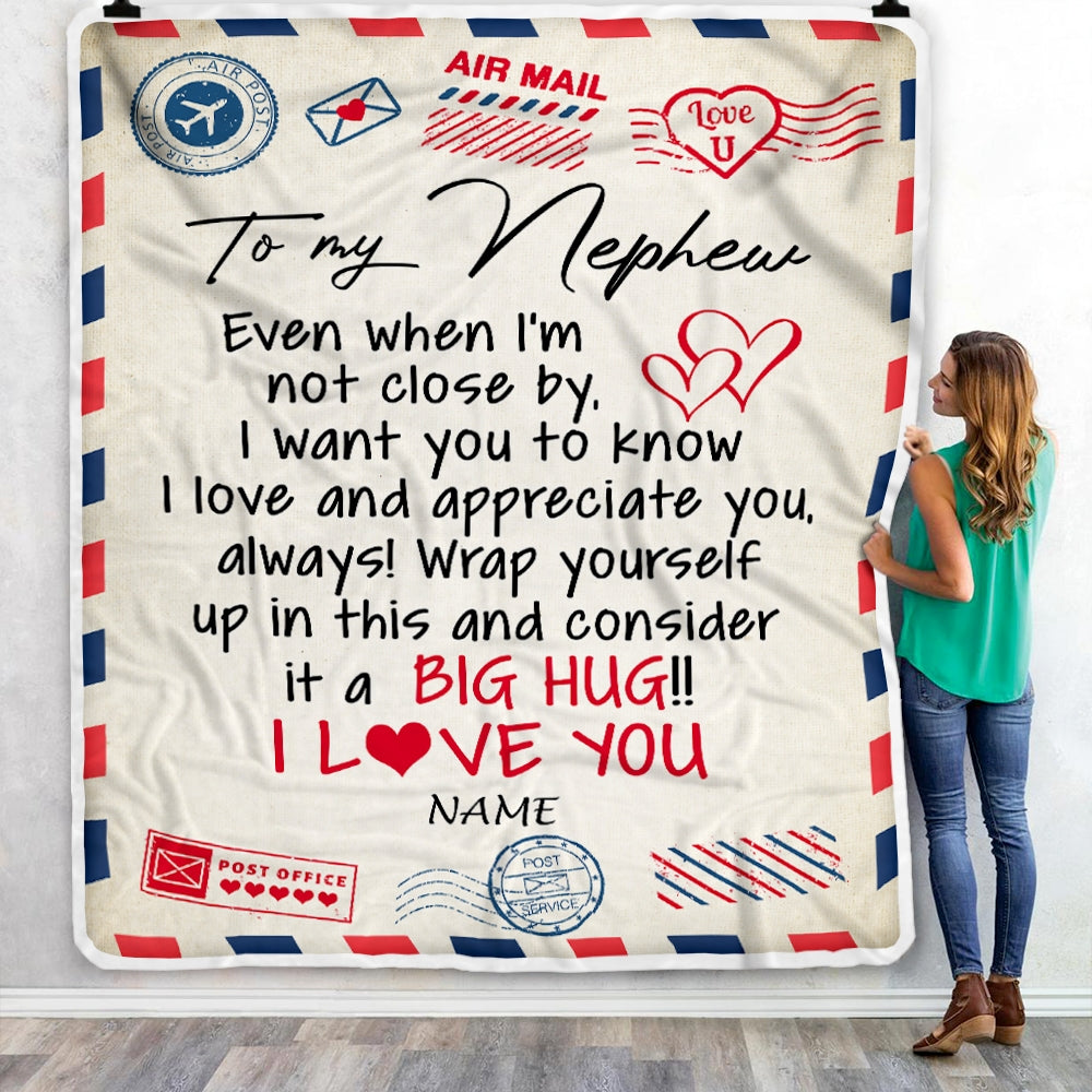 Personalized To My Nephew Blanket From Aunt Uncle Auntie I Love You Hugs Air Mail Letter Birthday Christmas Thanksgiving Graduation Customized Fleece Blanket | siriusteestore