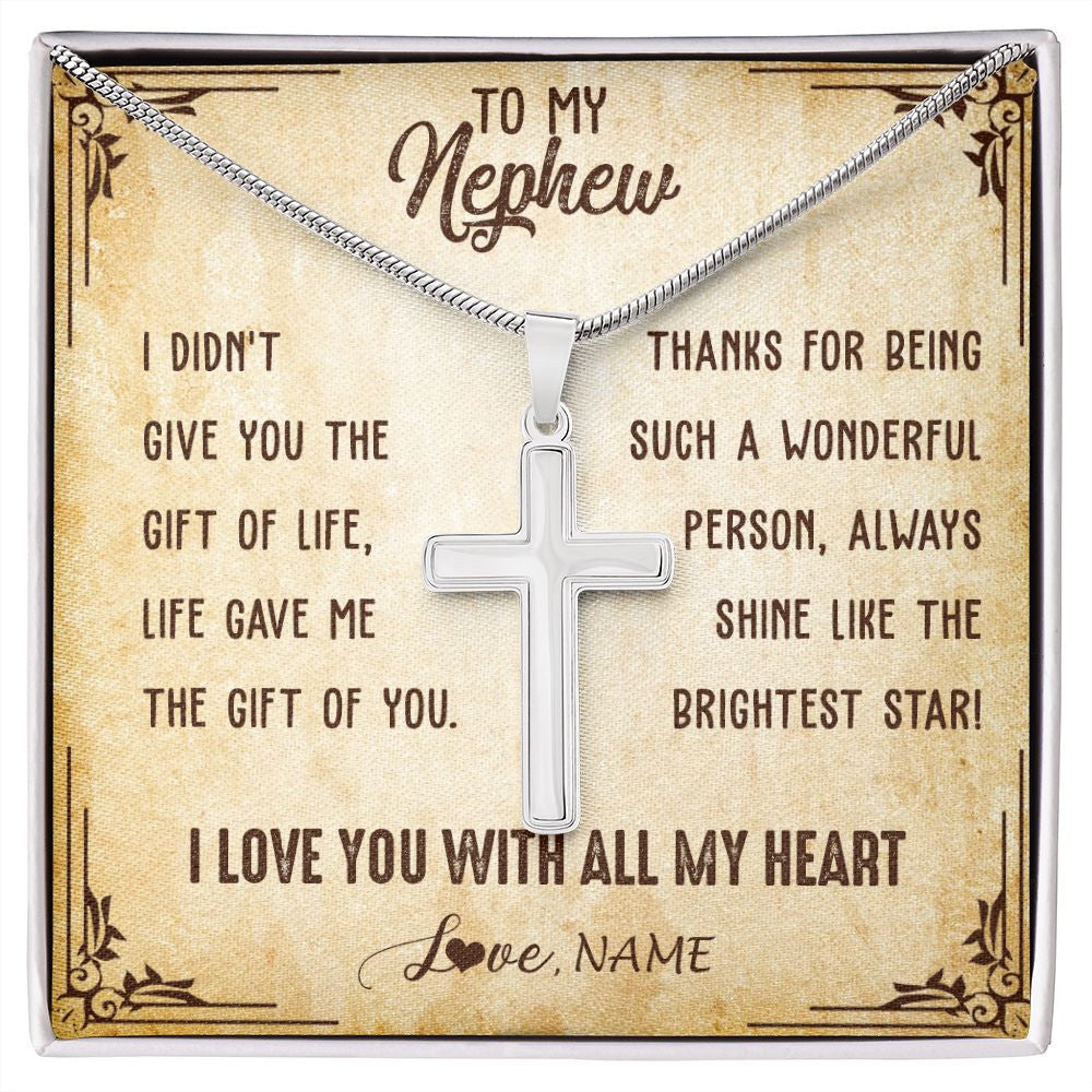 Stainless Cross Necklace | Personalized To My Nephew Necklace From Aunt Uncle Auntie I Love You With All My Heart Nephew Birthday Christmas Jewelry Customized Gift Box Message Card | siriusteestore