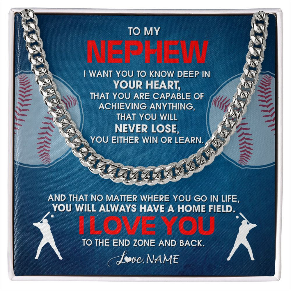 Cuban Link Chain Necklace | Personalized To My Nephew Necklace From Aunt Uncle Auntie Never Lose Baseball Nephew Birthday Graduation Christmas Customized Gift Box Message Card | siriusteestore