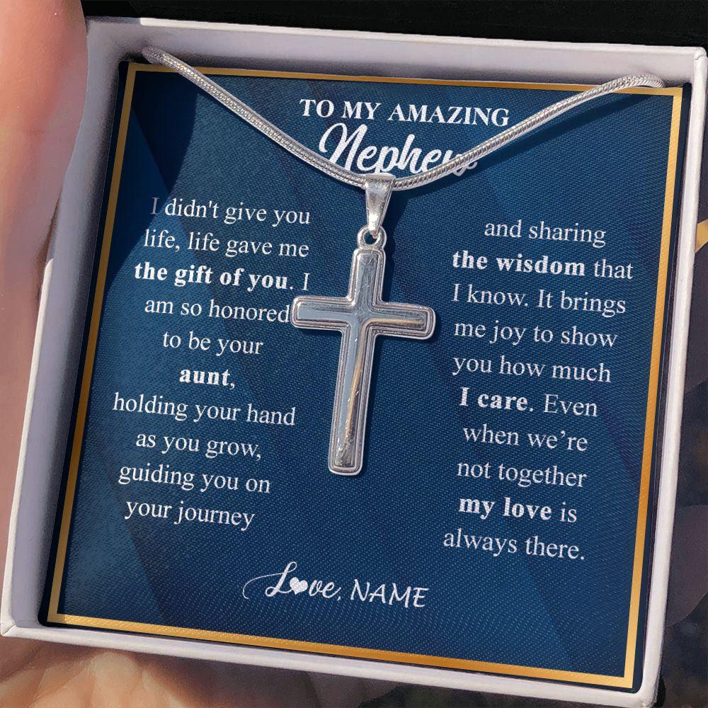 Stainless Cross Necklace | Personalized To My Nephew Necklace from Aunt Life Gave Me The Gift Of You Nephew Birthday Graduation Christmas Jewelry Customized Gift Box Message Card | siriusteestore