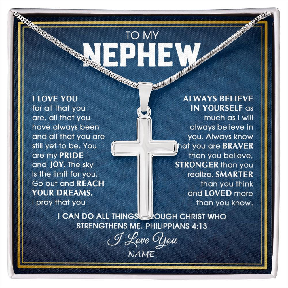 Stainless Cross Necklace | Personalized To My Nephew Necklace from Aunt Uncle I Love You For All That You Are Nephew Birthday Graduation Christmas Customized Gift Box Message Card | siriusteestore