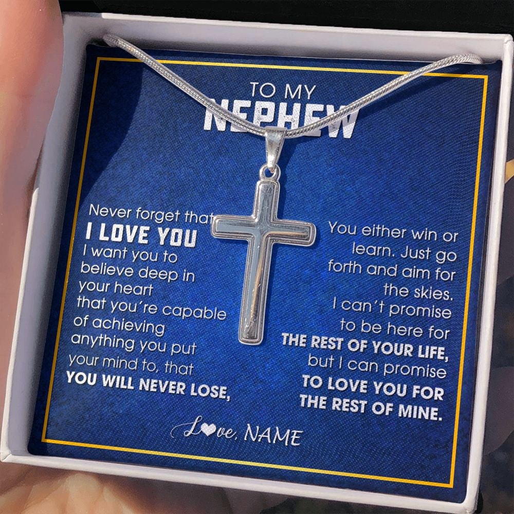 Stainless Cross Necklace | Personalized To My Nephew Necklace from Aunt Uncle Never Forget That I Love You Nephew Birthday Graduation Christmas Jewelry Customized Gift Box Message Card | siriusteestore