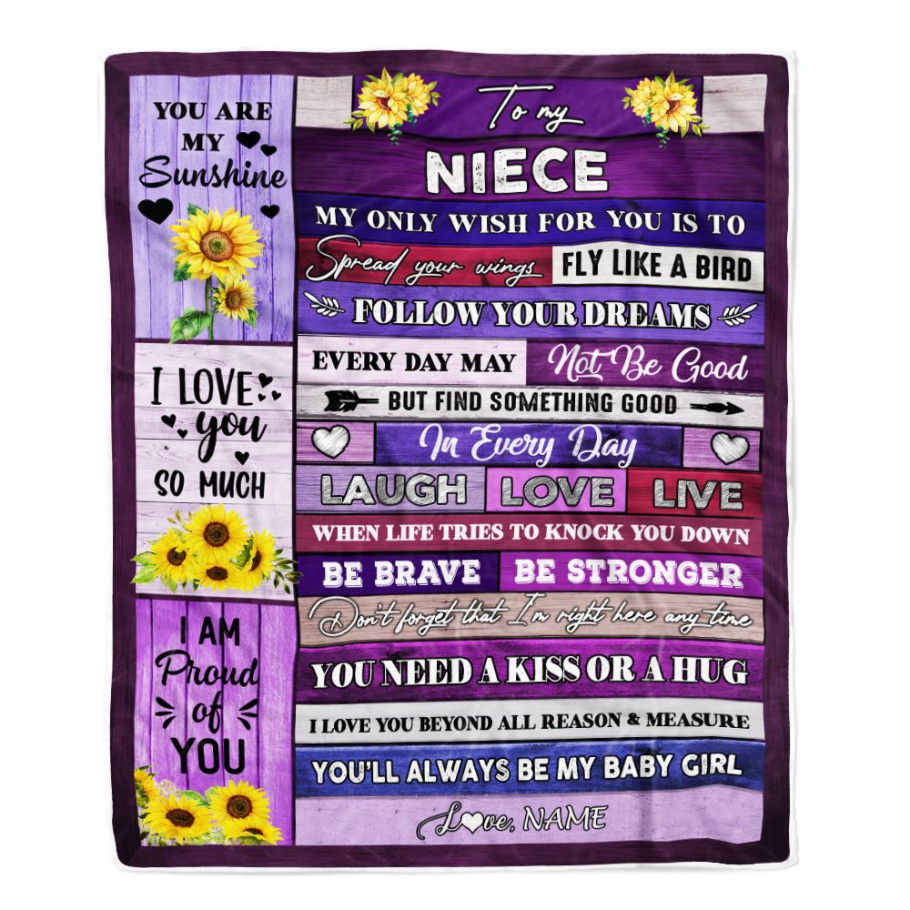 Personalized To My Niece Blanket From Aunt Auntie Uncle Wood Laugh Love Live Sunflower Niece Birthday Graduation Christmas Customized Bed Fleece Throw Blanket | siriusteestore