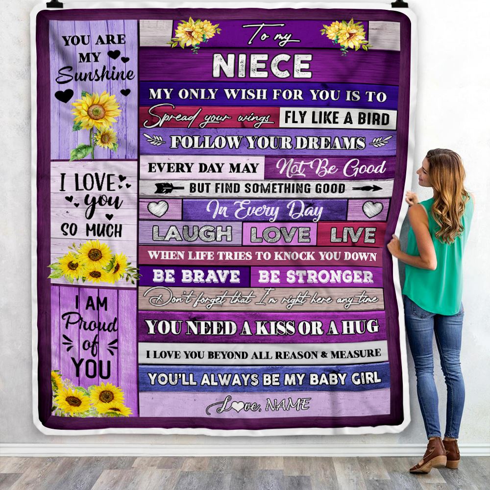 Personalized To My Niece Blanket From Aunt Auntie Uncle Wood Laugh Love Live Sunflower Niece Birthday Graduation Christmas Customized Bed Fleece Throw Blanket | siriusteestore