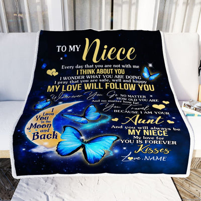 Personalized To My Niece Blanket From Aunt Butterfly My Love Will Follow You Niece Birthday Graduation Christmas Customized Fleece Throw Blanket | siriusteestore
