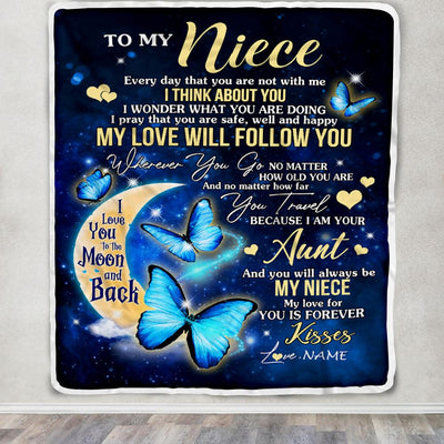 Personalized To My Niece Blanket From Aunt Butterfly My Love Will Follow You Niece Birthday Graduation Christmas Customized Fleece Throw Blanket | siriusteestore